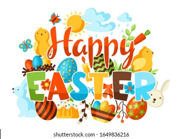 Happy Easter greeting card with holiday items. Decorative symbols and objects, eggs, bunnies.