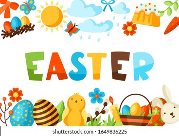 Happy Easter greeting card with holiday items. Decorative symbols and objects, eggs, bunnies.
