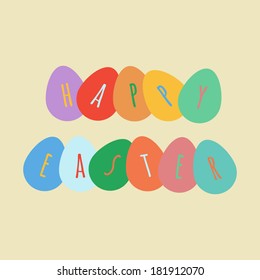 Happy Easter greeting card. Holiday banner, with colorful eggs. Flat design. Minimal postcard, with holiday greetings. Simple and clean. Easy to edit. Vector illustration - EPS10.