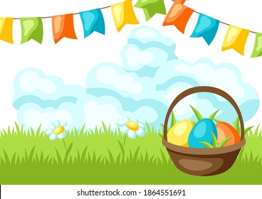 Happy Easter greeting card with holiday items. Decorative symbols and objects.