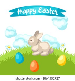 Happy Easter greeting card with holiday items. Decorative symbols and objects.