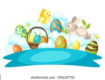 Happy Easter greeting card with holiday items. Decorative symbols and objects.