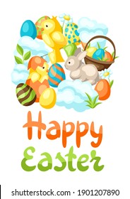 Happy Easter greeting card with holiday items. Decorative symbols and objects.