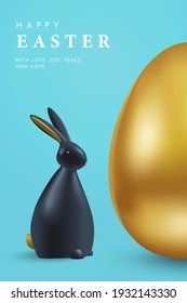 Happy Easter greeting card, holiday cover, poster or flyer design in 3d realistic style with golden egg and black rabbit on blue background. Modern design for social media, sale, advertisement, web