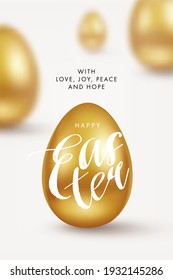 Feliz tarjeta de felicitación de Pascua, portada de vacaciones, afiche o diseño de volante en un estilo 3d realista con huevos dorados sobre fondo blanco. Diseño mínimo moderno para medios sociales, venta, publicidad, web
