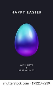 Happy Easter greeting card, holiday cover, poster or flyer design in 3d realistic style with gradient colored egg on black background. Modern minimal design for social media, sale, advertisement, web