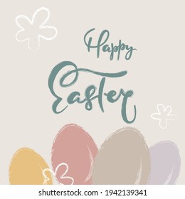 Happy Easter greeting card with holiday eggs and hand lettering text
