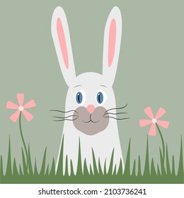 Happy Easter greeting card, holiday congrats. A white Easter bunny peeps out of the grass. Children's egg hunt invitation. Cartoon vector animal character. Cute rabbit