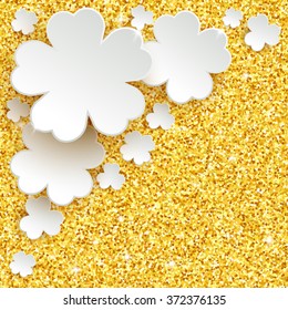 Happy Easter Greeting Card, Holiday Glitter Dust Sparkle Gold Background With White Paper Flowers, Vector Illustration With Place For Text