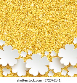 Happy Easter greeting card, holiday glitter dust sparkle gold background with white paper flowers, vector illustration with place for text