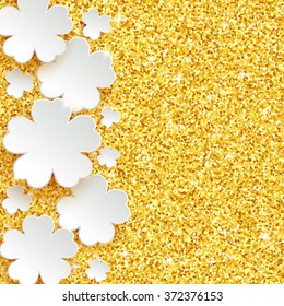 Happy Easter greeting card, holiday glitter dust sparkle gold background with white paper flowers, vector illustration with place for text