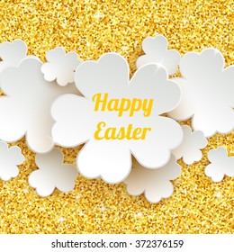 Happy Easter greeting card, holiday glitter dust sparkle gold background with white paper flowers, vector illustration with place for text