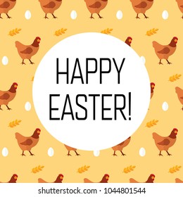 Happy Easter greeting card holidays on yellow chicken animal egg grain seamless pattern vector illustration