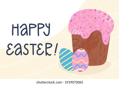 Tarjeta de felicitación Feliz Pascua, diseño horizontal de banners. Pastel tradicional de Pascua con hielo y tostada, los huevos decorados cerca en la cubierta de la mesa. Ilustración del vector