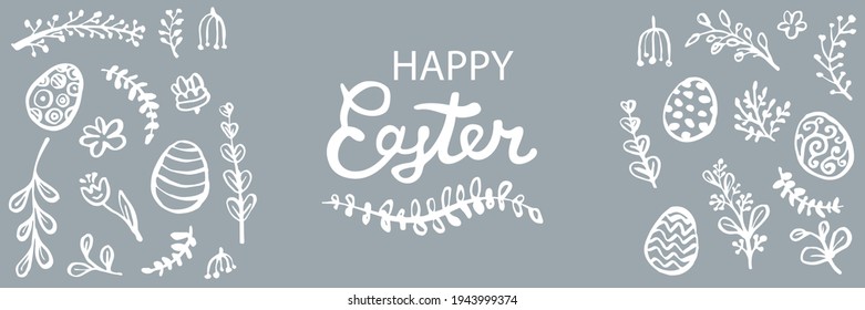 Happy Easter greeting card. Horizontal banner with hand drawn easter eggs and floral ornament. Vector illustration.