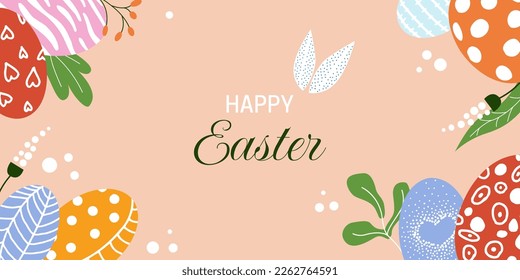 Happy Easter greeting card, horizontal banner, poster. Easter holiday background design with eggs, flowers, leaves, typography. Colorful vector illustration in modern minimal style