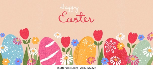 Happy Easter greeting card or horizontal poster for spring holidays with easter eggs, daisies. Hand drawn floral template for Easter. Vector.