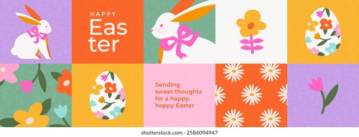 Happy Easter greeting card, horizontal poster, holiday cover or web banner design template with seamless border made of spring flowers, Easter eggs and Easter bunny. Trendy and cute flat style vector.