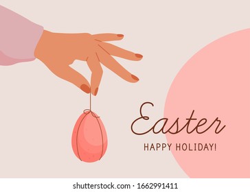 Happy Easter greeting card. Human hands hold Easter decorated egg. Chocolate colorful eggs for spring religious holiday celebration. Vector illustration