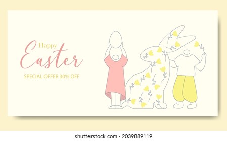 Happy Easter greeting card. Easter hunt minimalistic illustration characters banner. Sunday postcard, card, invitation, poster, banner template lettering typography. Seasons Greetings