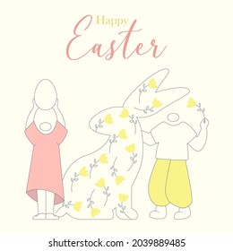 Happy Easter greeting card. Easter hunt minimalistic illustration characters. Vector illustration for trendy design, modern poster, template