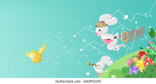 Happy Easter, greeting card hunting easter egg, fantasy garden with rabbit cartoon character festive seasonal holiday, poster vector illustration