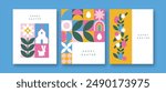 Happy Easter greeting card illustration set of colorful flat geometric rabbit animal mosaic with spring nature decoration. Modern scandinavian collection for holiday celebration event.