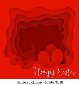 Happy Easter greeting card illustration with Easter egg and bunny vector paper art style. EPS10