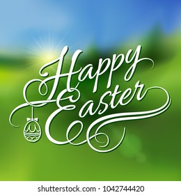 Happy Easter Greeting Card. Illustration on Blur Green Background to Celebrate the Festive Season