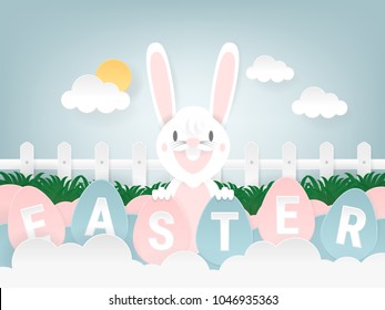 Happy Easter greeting card. Illustration of Easter day with egg and rabbit in grass,paper art style.