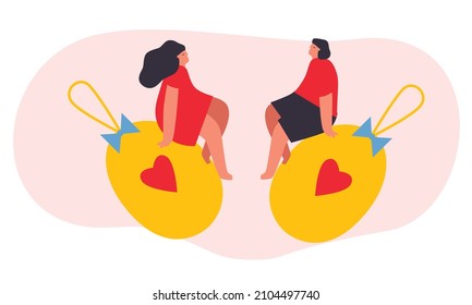 Happy Easter greeting card illustration of funny people doing family activity and egg hunt together. Festive spring holiday event design in flat cartoon style. Easter characters. Isolated.