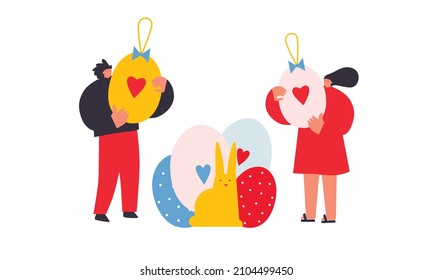 Happy Easter greeting card illustration of funny people doing family activity and egg hunt together. Festive spring holiday event design in flat cartoon style. Easter characters. Isolated.