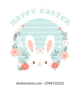 Happy Easter greeting card illustration. Cute vintage art style rabbit with spring flower decoration. Hand drawn floral ornament and bunny animal. April holiday celebration event design.