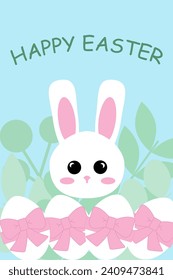Happy Easter greeting card illustration. Cute bunny with spring twigs and festive eggs. Design for Easter celebration.