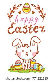 Happy Easter. Greeting card Illustration with cute Easter Bunny and lettering, calligraphy text. Hand drawn cute holiday art in vector cartoon style for poster, banner, invitation, decoration, print