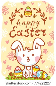 Happy Easter. Greeting card Illustration with cute Easter Bunny and lettering, calligraphy text. Hand drawn cute holiday art in vector cartoon style for poster, banner, invitation, decoration, print