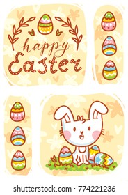 Happy Easter. Greeting card Illustration with cute Easter Bunny and lettering, calligraphy text. Hand drawn cute holiday art in vector cartoon style for poster, banner, invitation, decoration, print