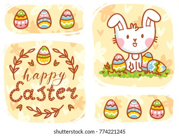 Happy Easter. Greeting card Illustration with cute Easter Bunny and lettering, calligraphy text. Hand drawn cute holiday art in vector cartoon style for poster, banner, invitation, decoration, print