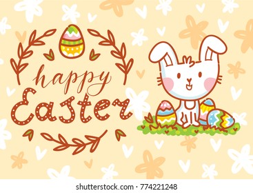 Happy Easter. Greeting card Illustration with cute Easter Bunny and lettering, calligraphy text. Hand drawn cute holiday art in vector cartoon style for poster, banner, invitation, decoration, print