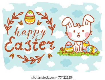 Happy Easter. Greeting card Illustration with cute Easter Bunny and lettering, calligraphy text. Hand drawn cute holiday art in vector cartoon style for poster, banner, invitation, decoration, print