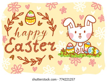 Happy Easter. Greeting card Illustration with cute Easter Bunny and lettering, calligraphy text. Hand drawn cute holiday art in vector cartoon style for poster, banner, invitation, decoration, print