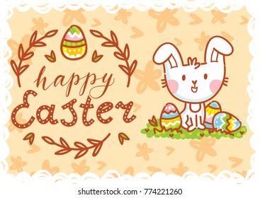 Happy Easter. Greeting card Illustration with cute Easter Bunny and lettering, calligraphy text. Hand drawn cute holiday art in vector cartoon style for poster, banner, invitation, decoration, print