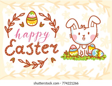 Happy Easter. Greeting card Illustration with cute Easter Bunny and lettering, calligraphy text. Hand drawn cute holiday art in vector cartoon style for poster, banner, invitation, decoration, print