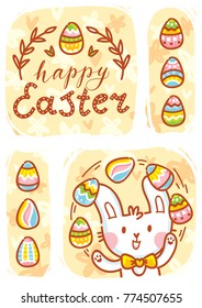 Happy Easter. Greeting card Illustration with cute Easter Bunny and lettering, calligraphy text. Hand drawn cute holiday art in vector cartoon style for poster, banner, invitation, decoration, print