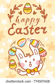 Happy Easter. Greeting card Illustration with cute Easter Bunny and lettering, calligraphy text. Hand drawn cute holiday art in vector cartoon style for poster, banner, invitation, decoration, print