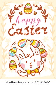 Happy Easter. Greeting card Illustration with cute Easter Bunny and lettering, calligraphy text. Hand drawn cute holiday art in vector cartoon style for poster, banner, invitation, decoration, print