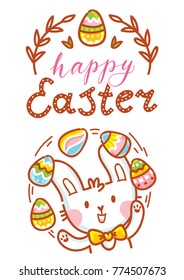 Happy Easter. Greeting card Illustration with cute Easter Bunny and lettering, calligraphy text. Hand drawn cute holiday art in vector cartoon style for poster, banner, invitation, decoration, print