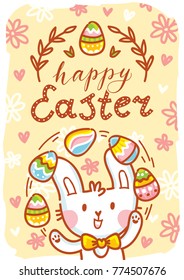 Happy Easter. Greeting card Illustration with cute Easter Bunny and lettering, calligraphy text. Hand drawn cute holiday art in vector cartoon style for poster, banner, invitation, decoration, print