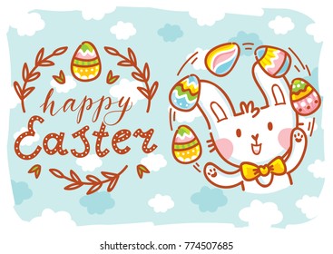 Happy Easter. Greeting card Illustration with cute Easter Bunny and lettering, calligraphy text. Hand drawn cute holiday art in vector cartoon style for poster, banner, invitation, decoration, print