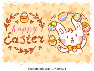 Happy Easter. Greeting card Illustration with cute Easter Bunny and lettering, calligraphy text. Hand drawn cute holiday art in vector cartoon style for poster, banner, invitation, decoration, print
